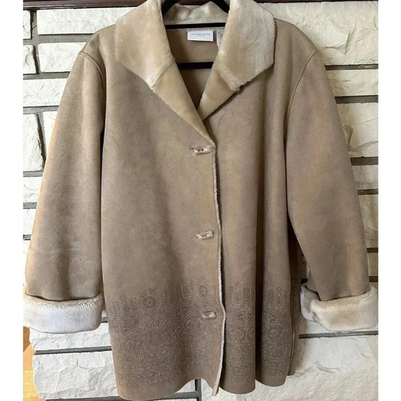 Liz Claiborne Women's Faux Suede Jacket Coat Blazer Sz Large Button Front Cream - Picture 1 of 9